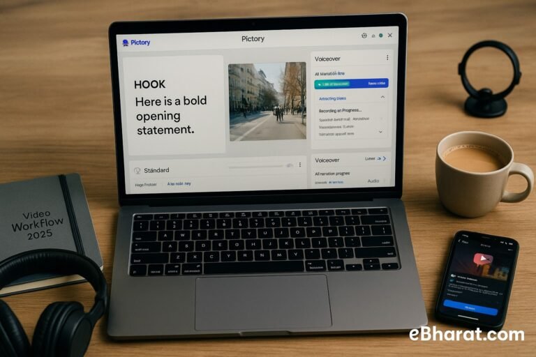 Laptop showing Pictory editor with hook template, b-roll preview, and voiceover panel, diary Video Workflow 2025, Instagram Reels smartphone, and chai on desk.