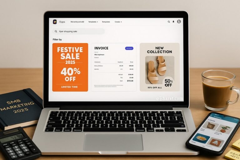 Laptop with Adobe Express templates for flyers, invoices, and social ads, diary SMB Marketing 2025, WhatsApp catalogue on phone, and chai on desk.