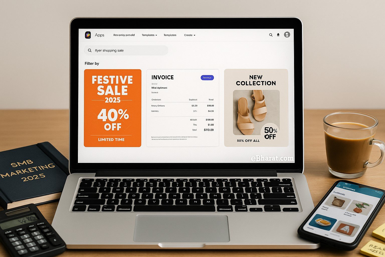 Laptop with Adobe Express templates for flyers, invoices, and social ads, diary SMB Marketing 2025, WhatsApp catalogue on phone, and chai on desk.