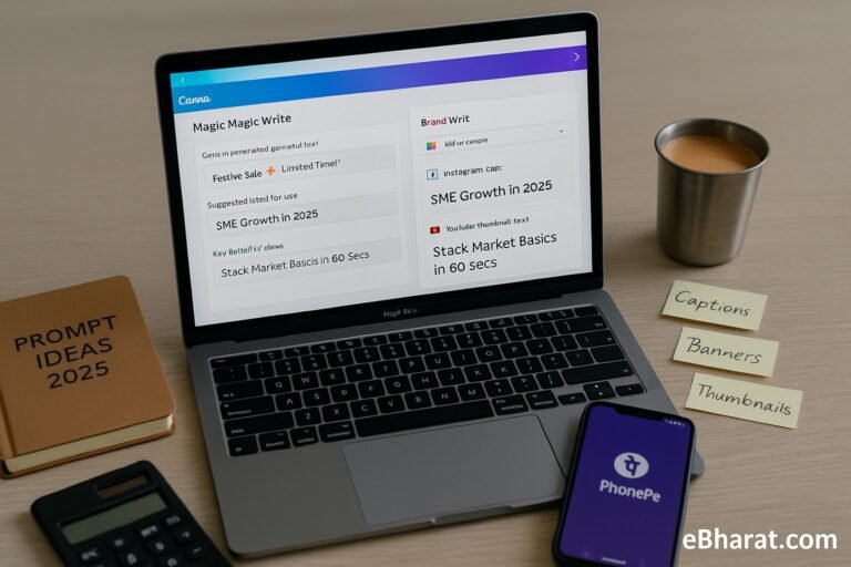 Laptop with Canva Magic Write generating captions, blog banner text, and YouTube thumbnail ideas, with diary Prompt Ideas 2025 and UPI smartphone on desk.