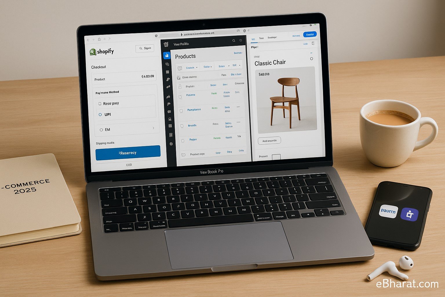 Laptop screen split into Shopify checkout with UPI, WooCommerce dashboard, and Wix store editor, with diary, smartphone showing UPI apps, and chai cup on desk.