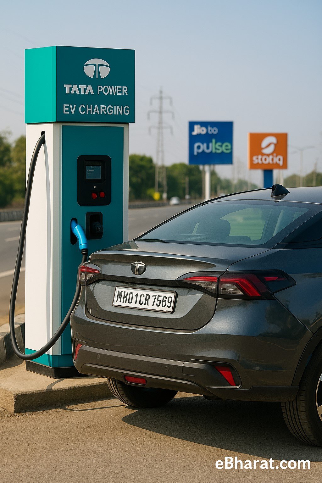 EV car charging at Tata Power station with Jio-bp and Statiq branding in background, symbolizing India’s charging network race.