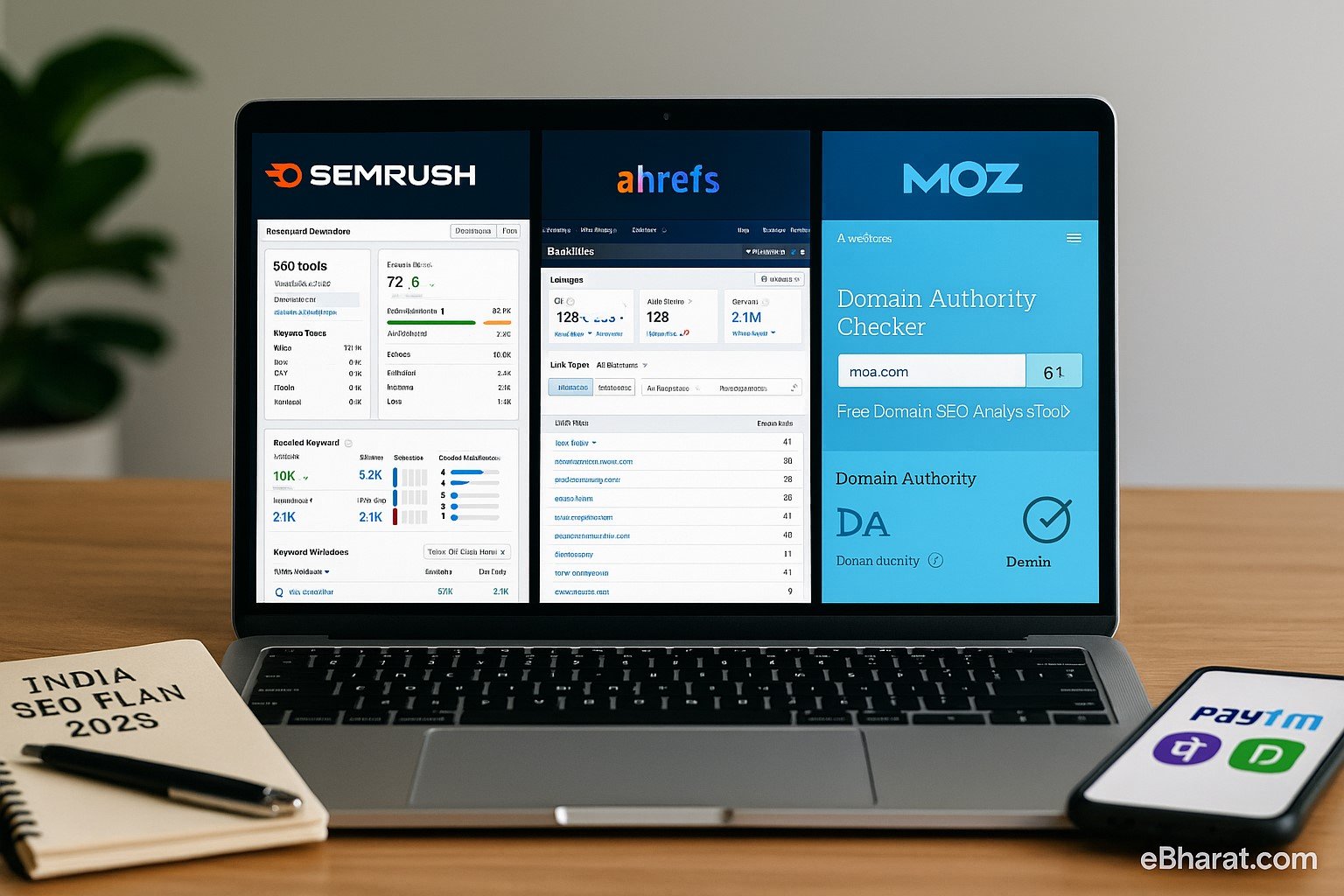 Laptop showing Semrush, Ahrefs, and Moz dashboards side by side for SEO comparison.