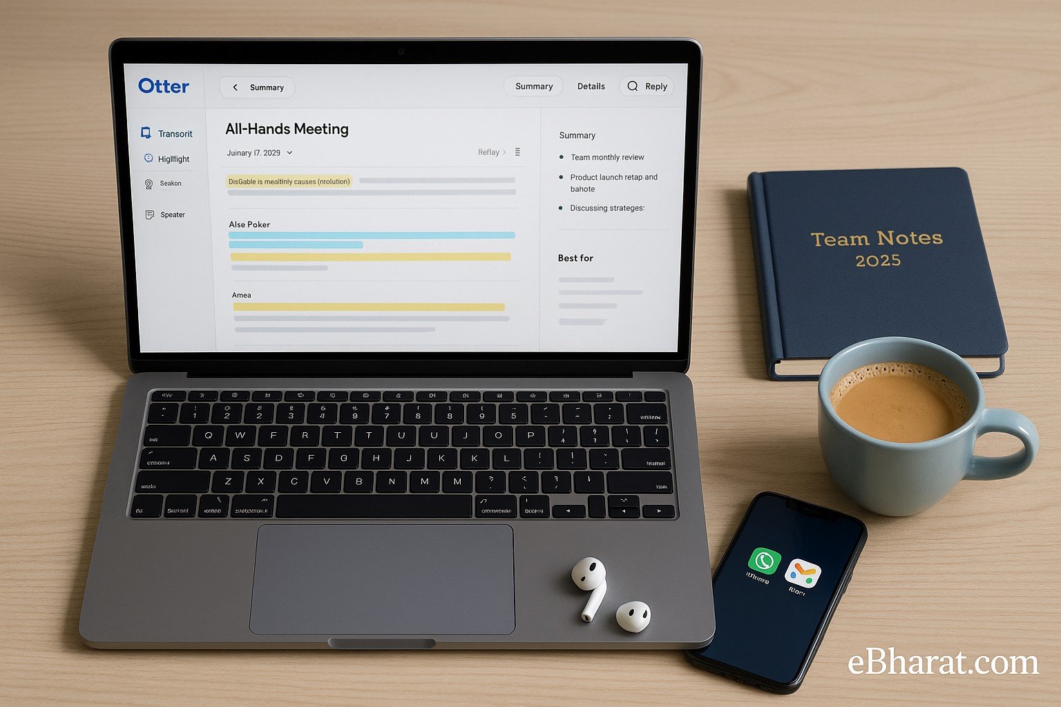 Laptop showing Otter.ai transcript dashboard with diary, earbuds, and chai on desk for Indian team context.