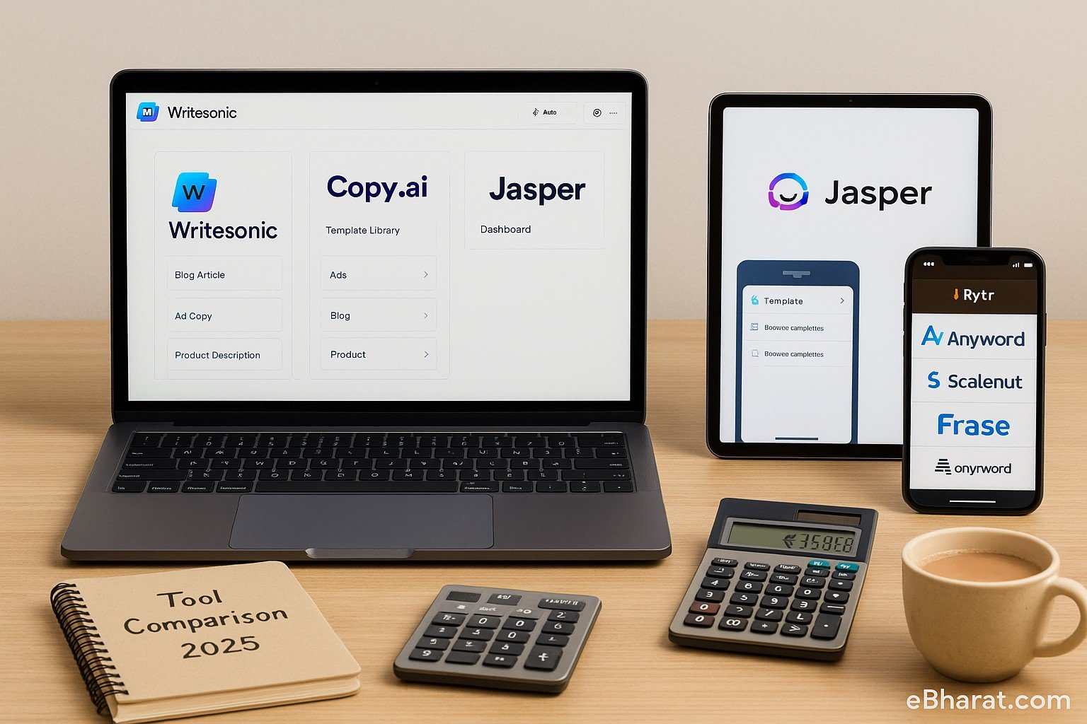 "Multi-device comparison showing Writesonic, Copy.ai, Jasper, Rytr, Anyword, Scalenut, and Frase dashboards on laptop, tablet, and smartphone, with Tool Comparison 2025 diary, calculators showing rupee values, and a cup of chai."