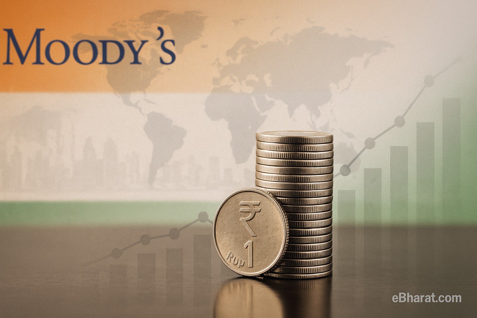 “Stack of Indian rupee coins on a reflective desk with a faint rising financial chart, Moody’s logo, and tricolour background symbolizing India’s economy.”