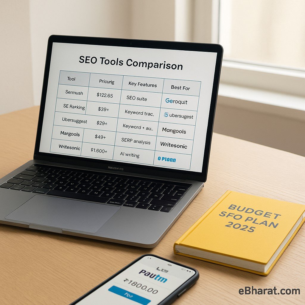 "Laptop displaying a comparison chart of SEO tools including Semrush, SE Ranking, Ubersuggest, Mangools, and Writesonic, placed on a desk with a yellow diary titled Budget SEO Plan 2025 and a smartphone showing a Paytm checkout screen, in bright daylight workspace."