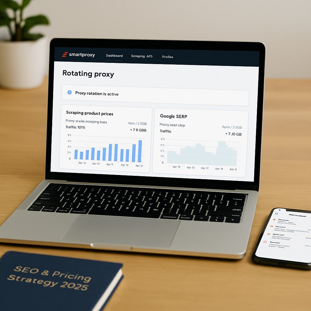 Laptop displaying Smartproxy dashboard with proxy rotation active, showing product price scraping and Google SERP monitoring, alongside a diary titled “SEO & Pricing Strategy 2025” and a smartphone with Amazon price alerts.