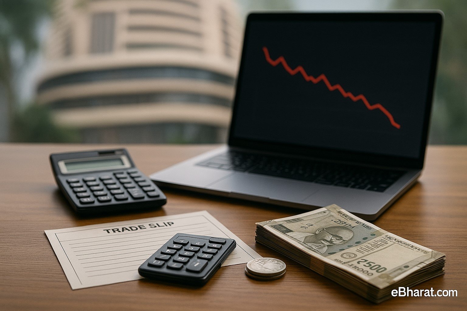 “Desk with trade slip, calculator, rupee notes and a laptop showing a red Nifty line, symbolising insider selling pressure.”