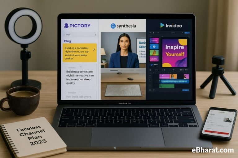 Laptop with Pictory, Synthesia, and InVideo editors side by side, diary Faceless Channel Plan 2025, smartphone with YouTube Shorts, and chai on desk.