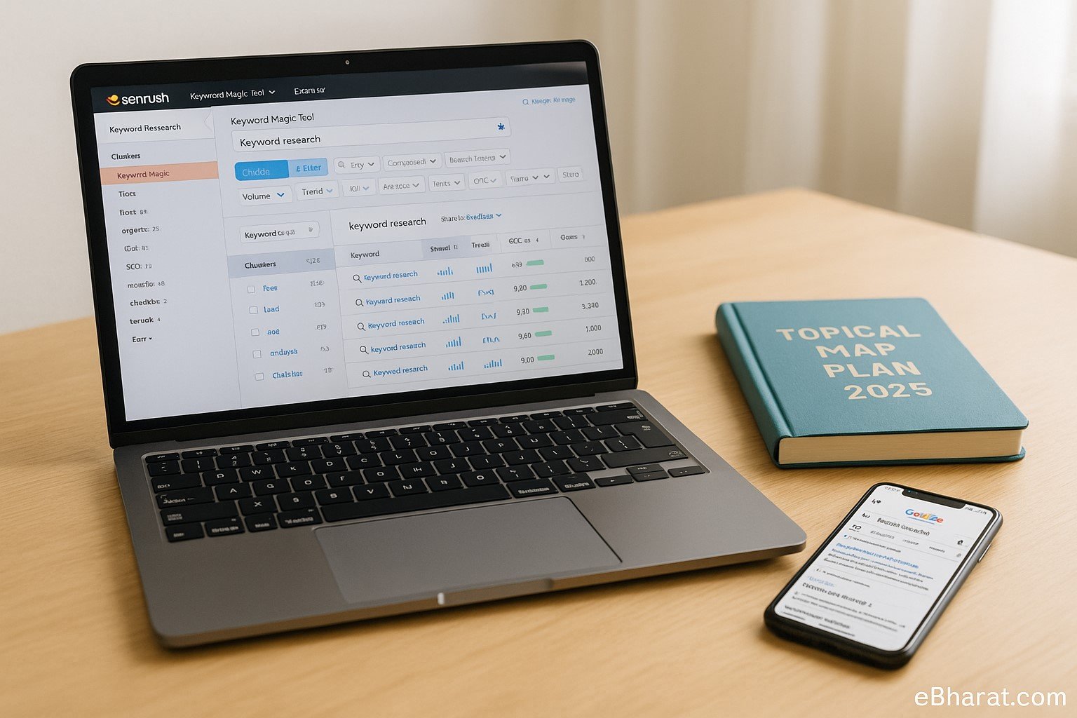 "SEO workspace with a laptop displaying Semrush’s Keyword Magic Tool dashboard showing clusters and filters, a teal diary labeled Topical Map Plan 2025, and a smartphone displaying Google keyword searches on a wooden desk in bright daylight."
