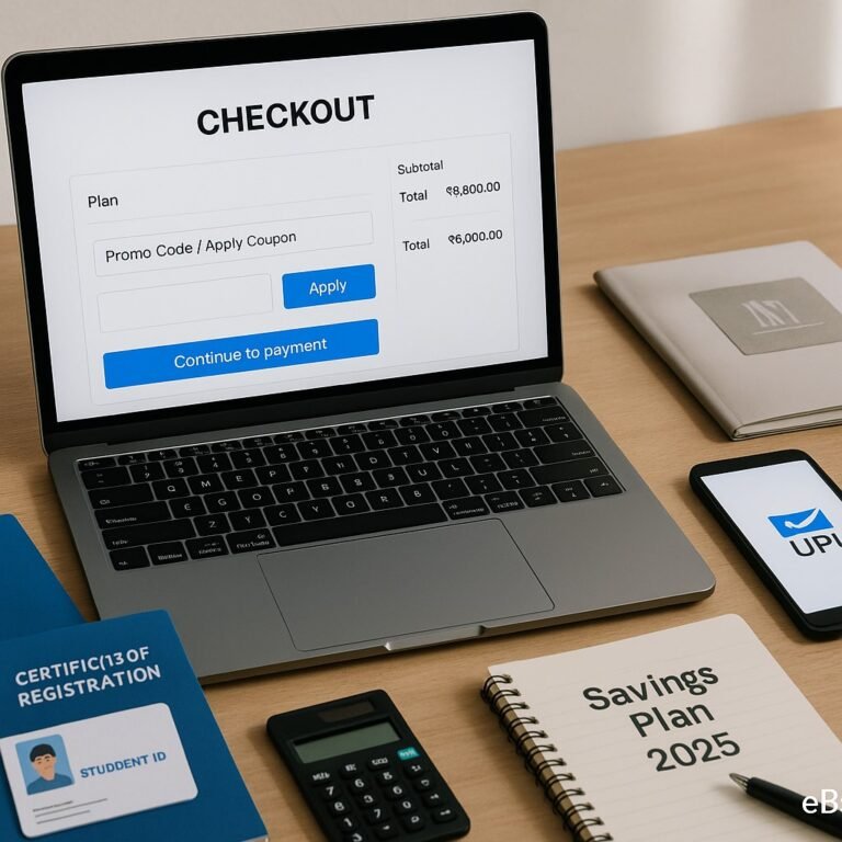 Laptop with coupon code box on checkout page, student ID, NGO certificate, and UPI smartphone on Indian desk.