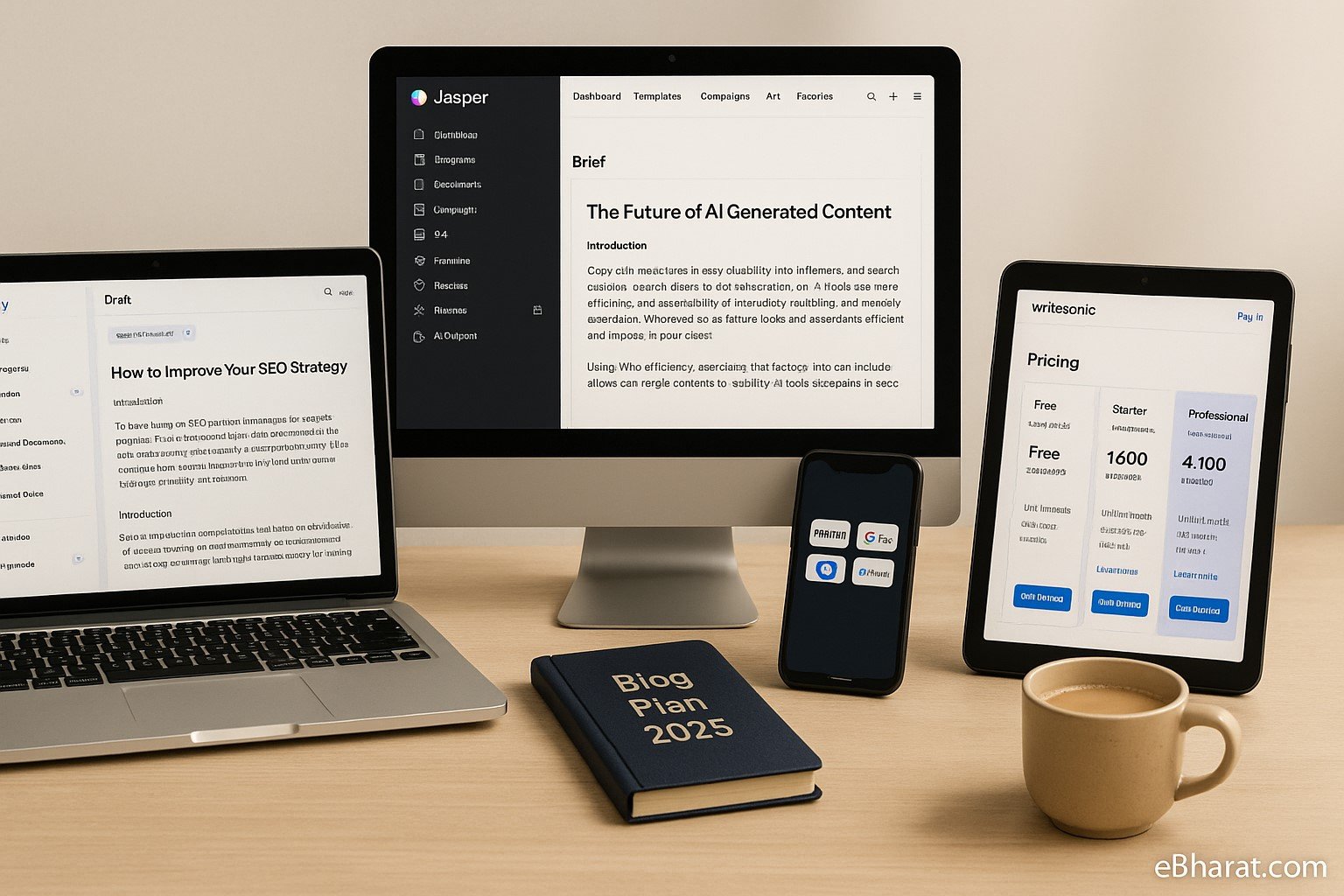 "Workspace showing Copy.ai on laptop, Jasper on desktop, and Writesonic pricing on tablet, with Blog Plan 2025 diary, chai cup, and smartphone displaying UPI payment icons."