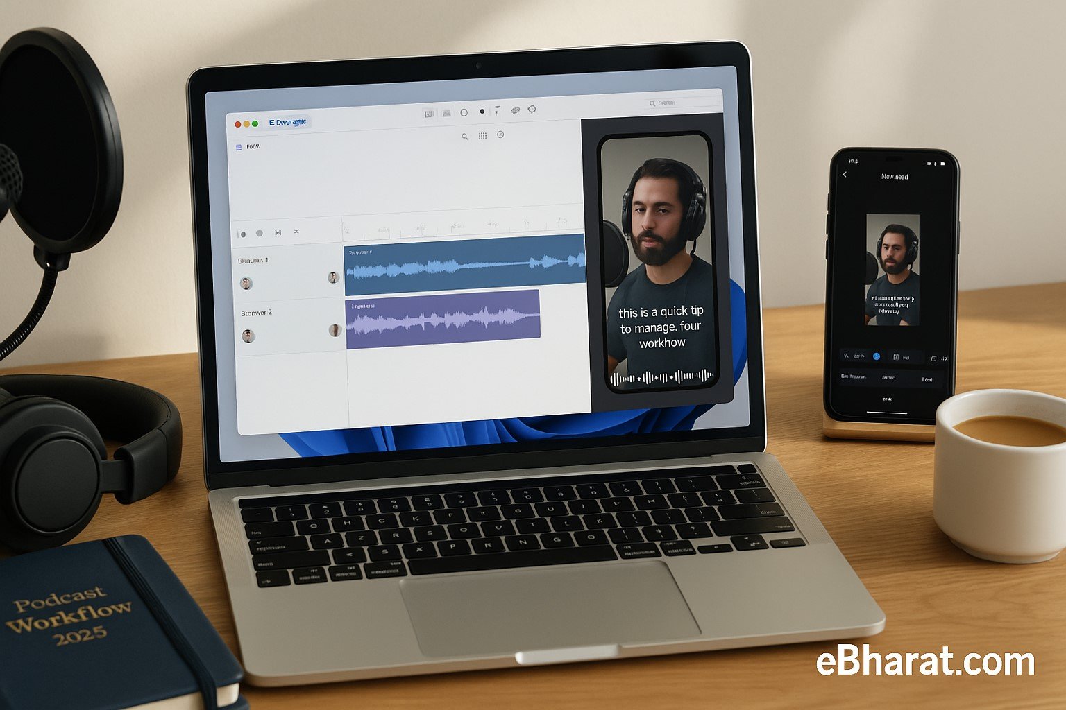 Laptop with Descript editor showing multitrack podcast timeline and audiogram short preview, microphone, headphones, smartphone with Instagram Reels, and chai on desk.