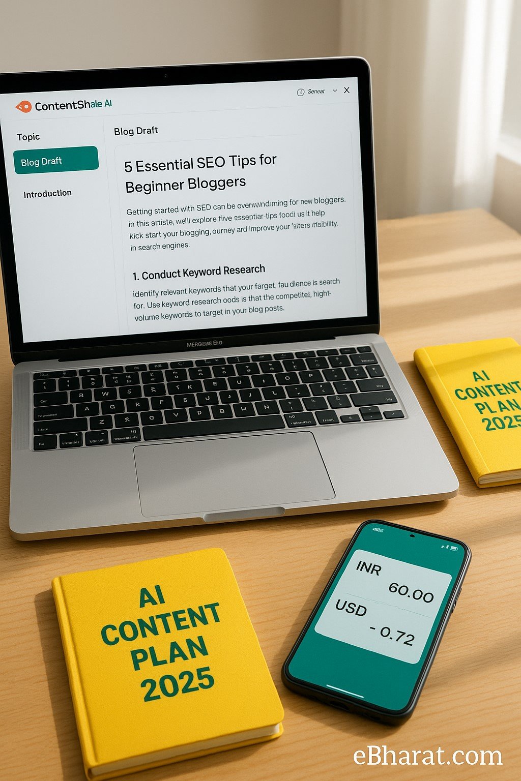"Workspace with laptop showing Semrush Content Shake AI drafting a blog, alongside a diary labeled AI Content Plan 2025 and a smartphone displaying INR–USD conversion, bright daylight setting."