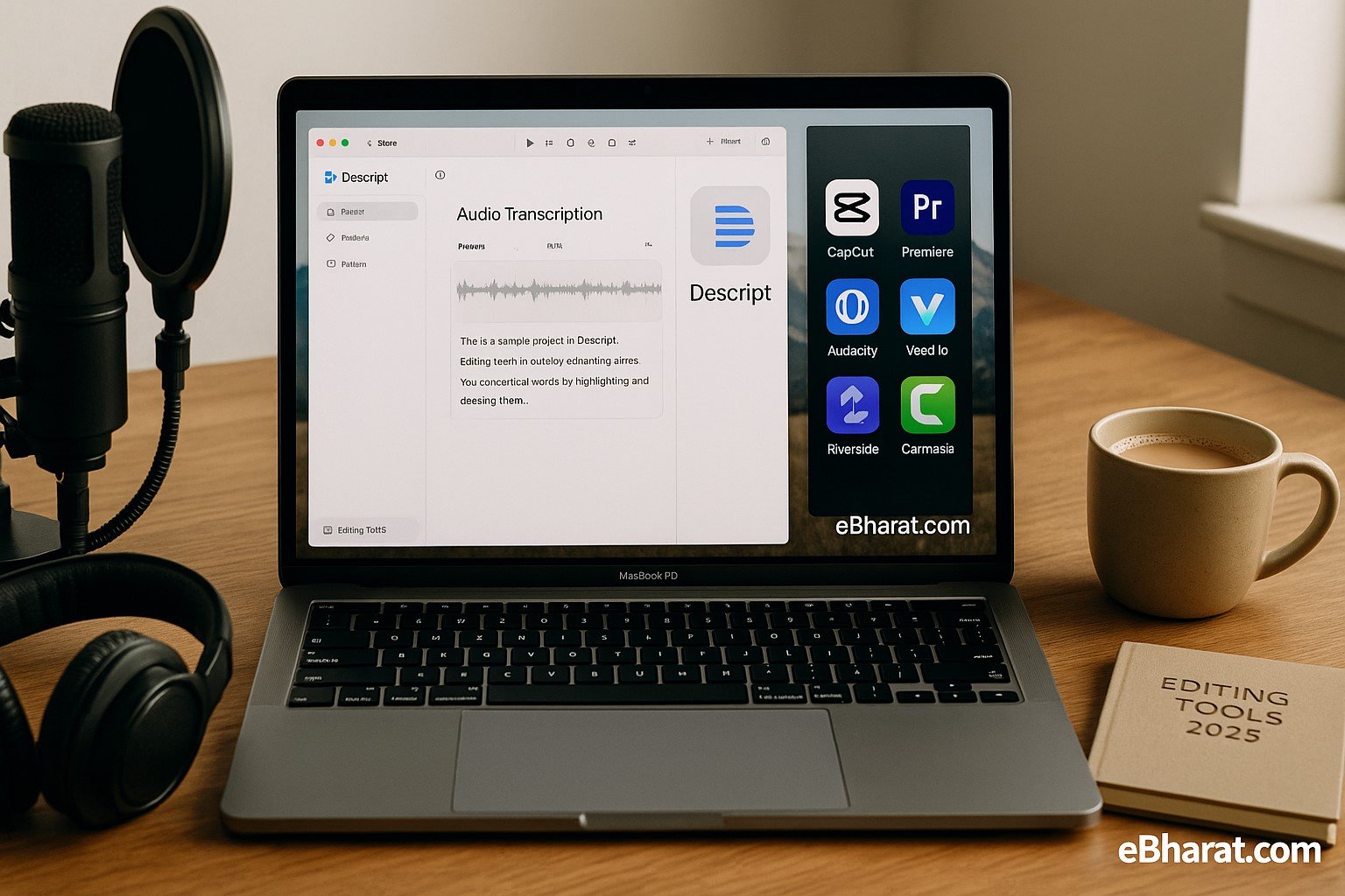 Laptop with Descript editor and logos of CapCut, Premiere Pro, Audacity, Veed.io, Riverside, Camtasia, and GarageBand, with podcast mic, diary Editing Tools 2025, and chai on desk.