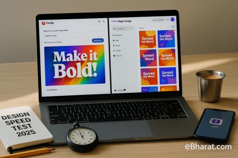 : Laptop showing Adobe Firefly poster and Canva Magic Design social posts side by side, diary Design Speed Test 2025, stopwatch, UPI smartphone, and chai on desk.