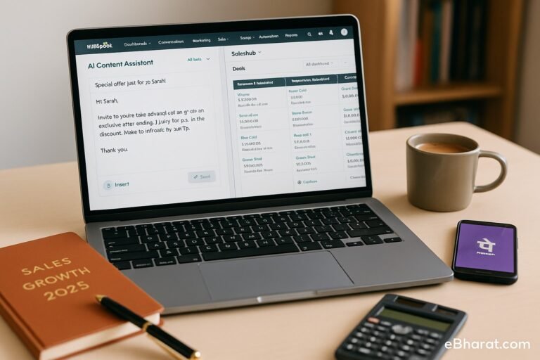 Laptop showing HubSpot AI Content Assistant and Sales Hub pipeline with Indian SME desk setup.