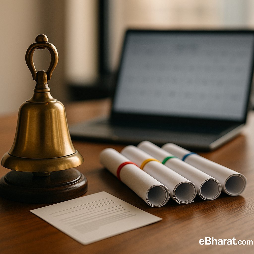 “Exchange bell next to five rolled prospectuses with a laptop calendar in the background, symbolising upcoming IPOs.”