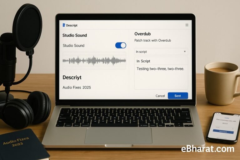 Laptop with Descript Studio Sound toggle and Overdub editor open, podcast mic, headphones, diary Audio Fixes 2025, UPI smartphone, and chai on desk.