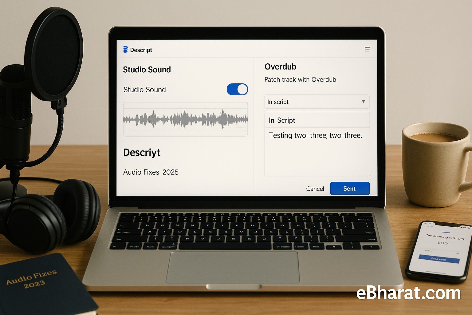Laptop with Descript Studio Sound toggle and Overdub editor open, podcast mic, headphones, diary Audio Fixes 2025, UPI smartphone, and chai on desk.