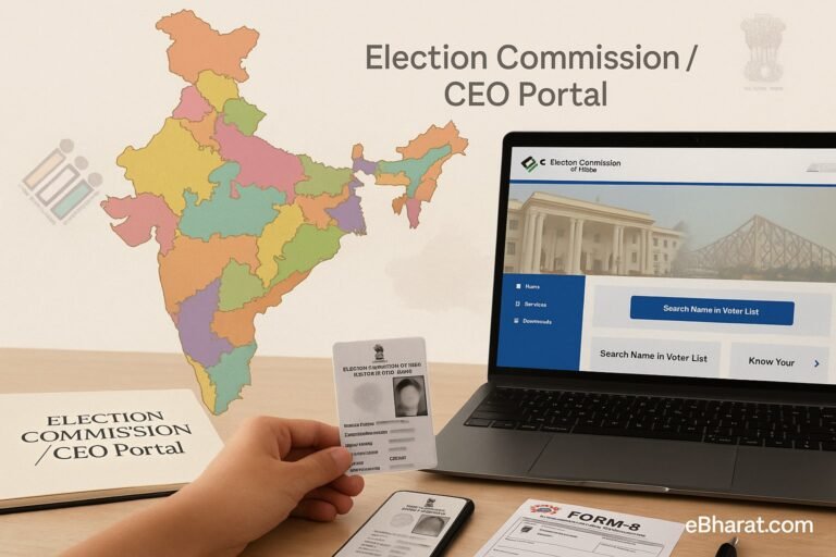 भारत का नक्शा और राज्यवार वोटर आईडी पोर्टल्स।