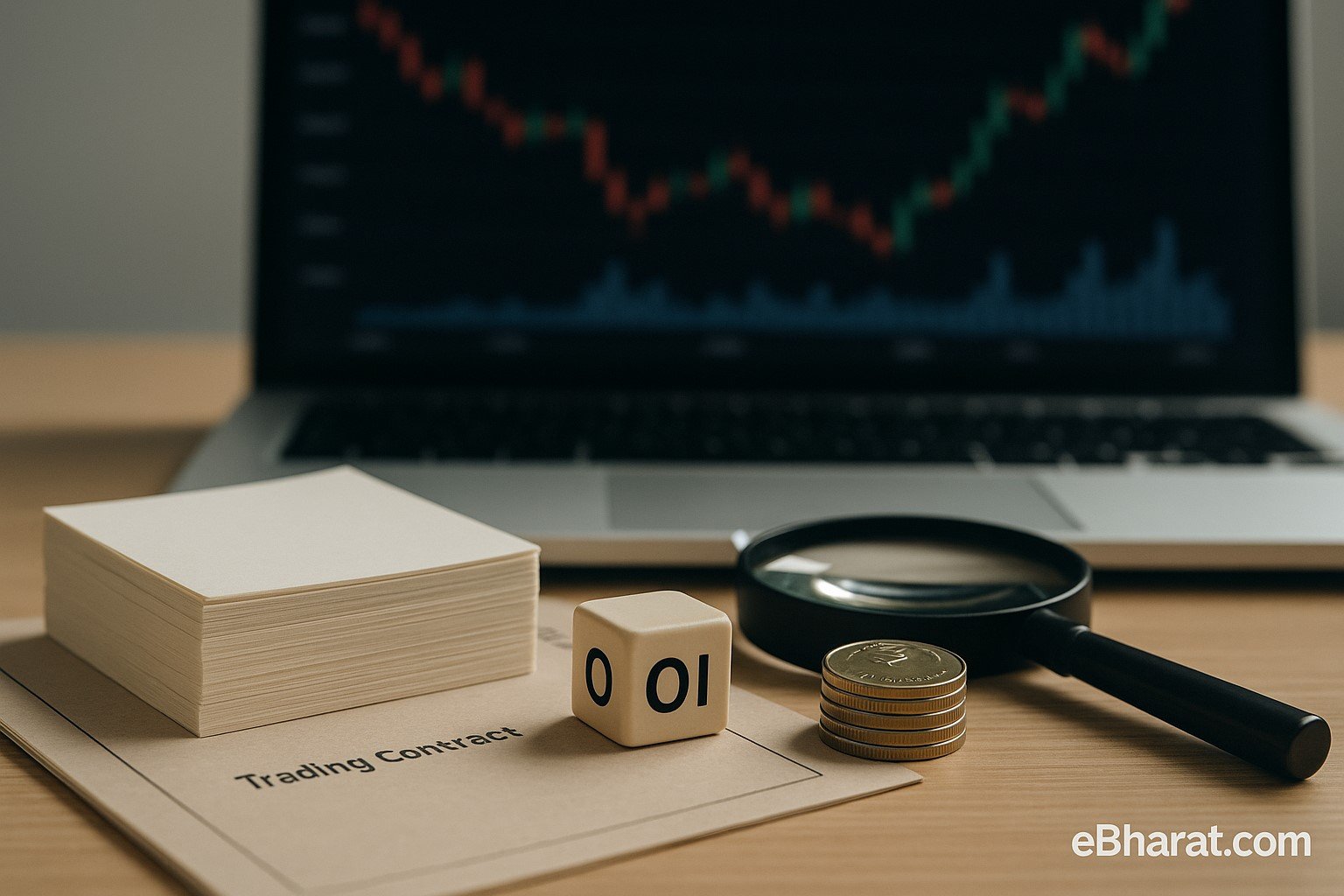 Miniature trading sheets, coins, and cube marked OI with candlestick chart in background, symbolizing derivatives build-up