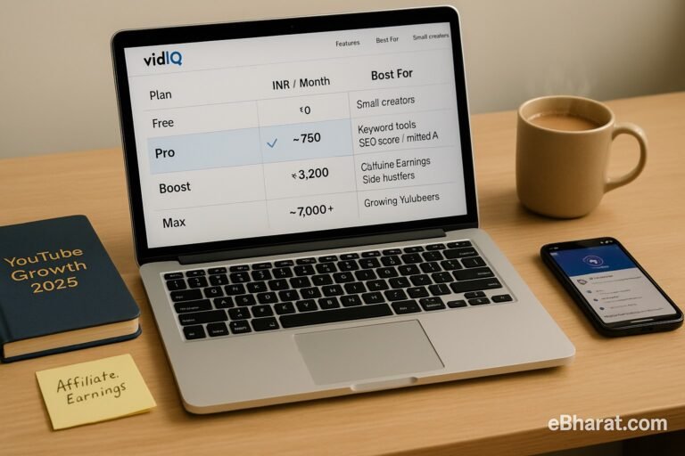 Laptop showing vidIQ pricing page with Pro and Boost highlighted, diary YouTube Growth 2025, UPI smartphone, sticky note Affiliate Earnings, and chai on desk.