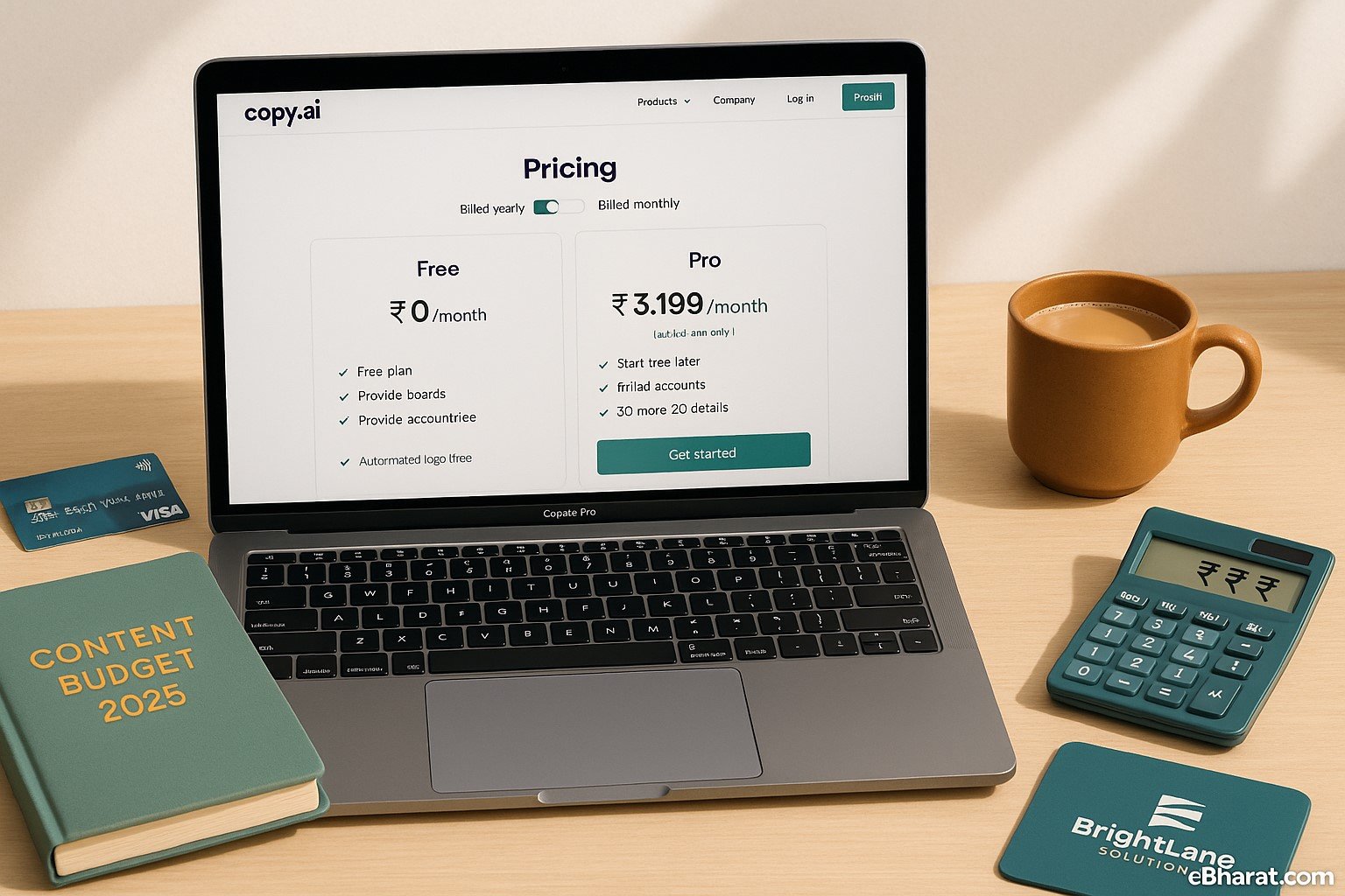 "Indian workspace with laptop showing Copy.ai pricing page, Content Budget 2025 diary, debit card, chai cup, and calculator displaying rupee symbols."