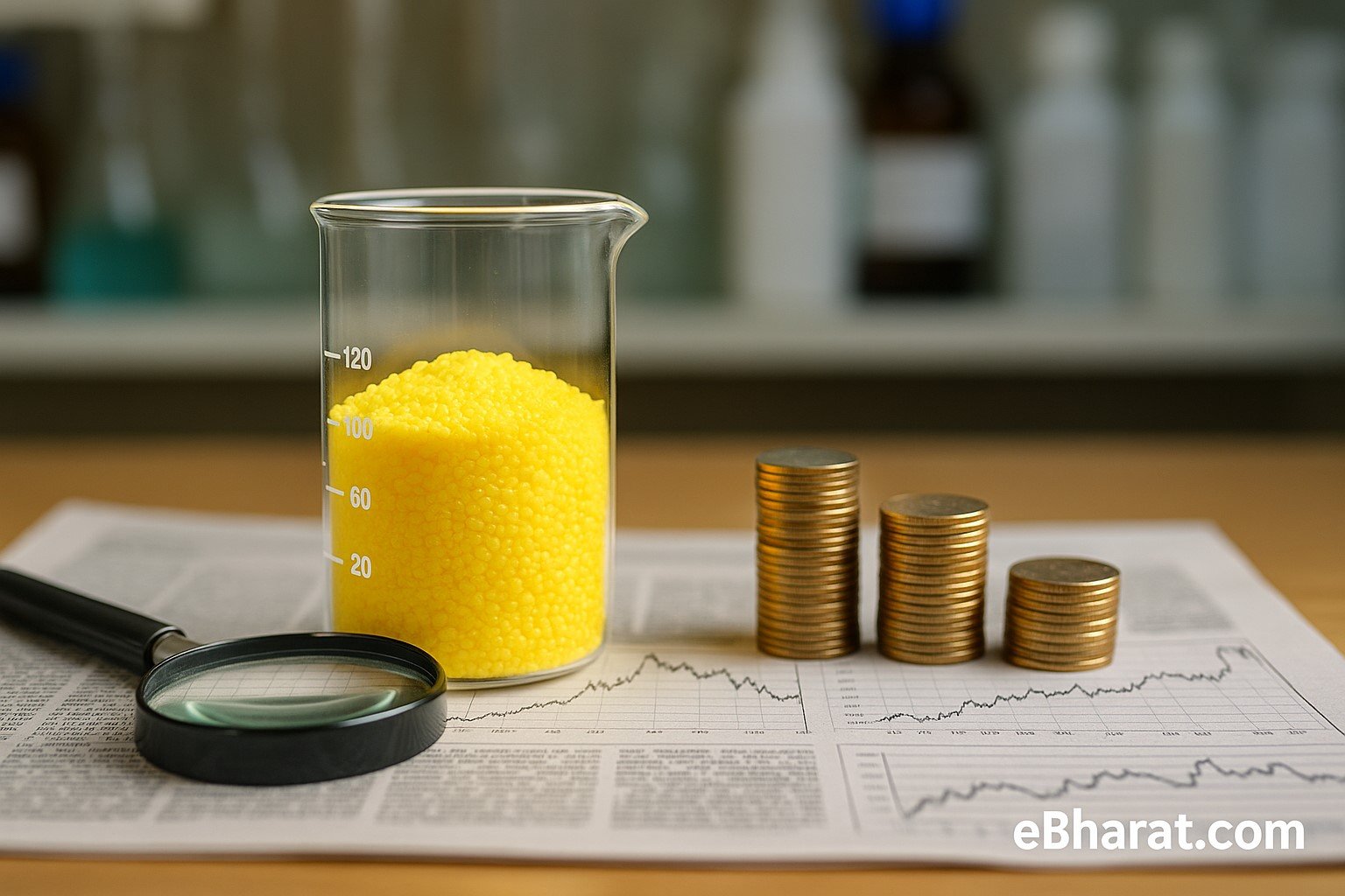 Glass beaker with specialty chemicals placed on financial charts, symbolizing FCL stock surge