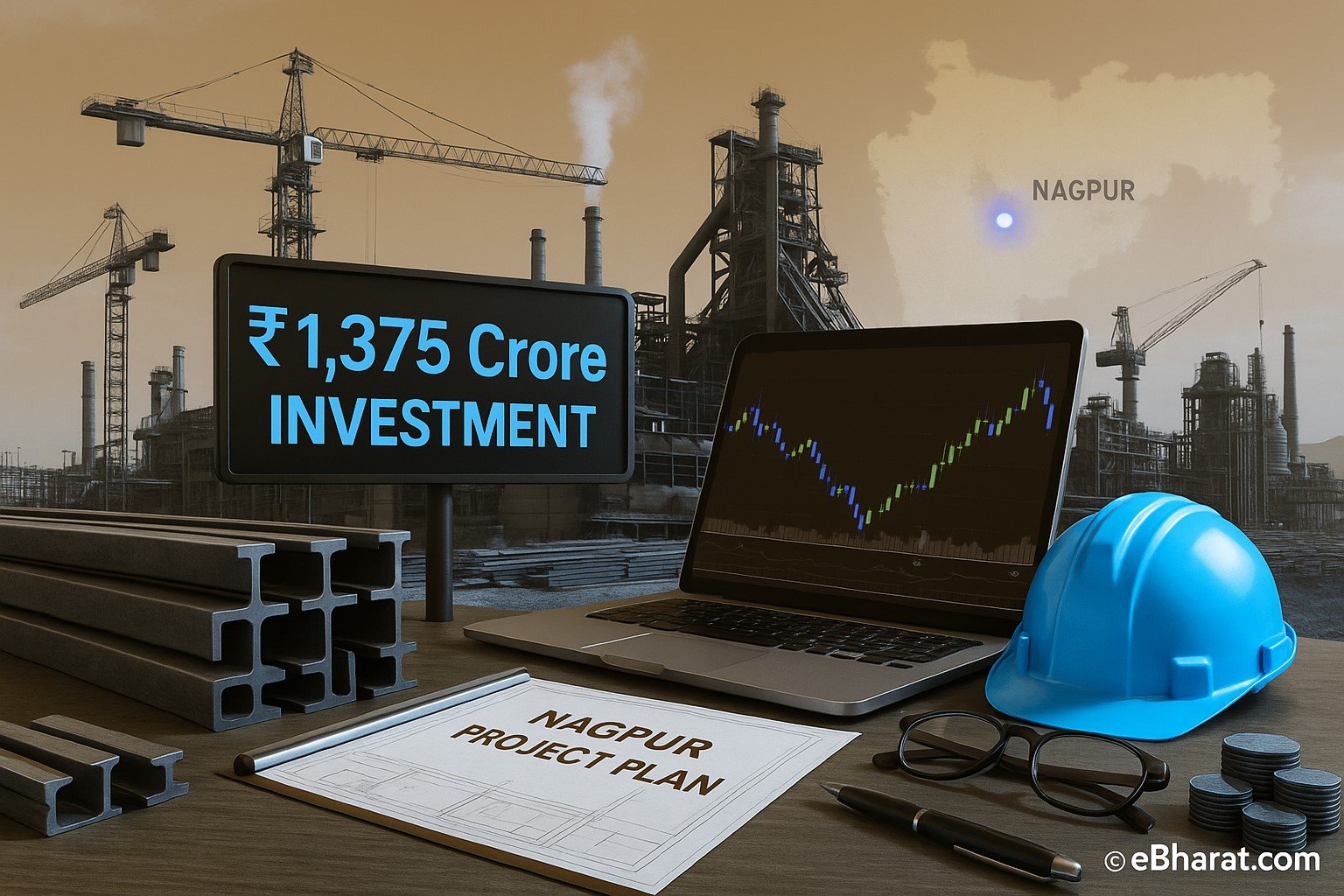 “Steel plant with beams, blueprint and safety helmet, symbolizing Jaydeep Steelwork’s ₹1,375 crore Nagpur investment project.”