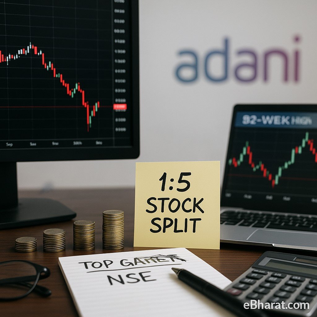 “Stock trading screen showing Adani Power share price fall with 1:5 stock split note and coins split into smaller stacks on a desk.”