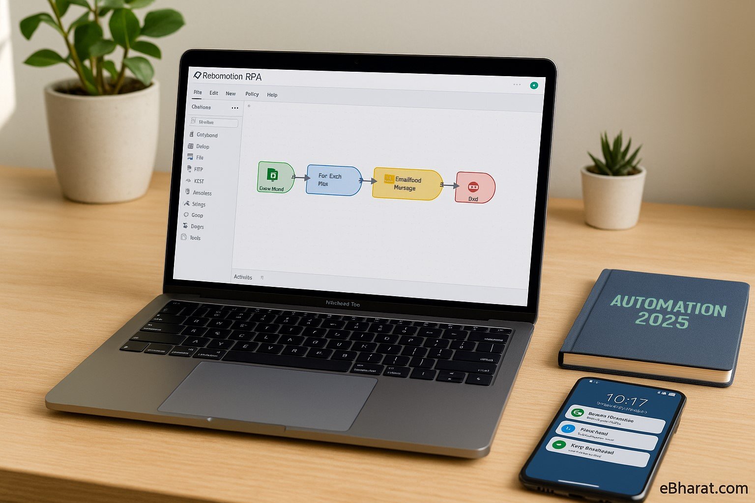 Laptop displaying Robomotion RPA drag-and-drop workflow automating Excel to Email, with a diary titled “Automation 2025” and a smartphone showing task completion notifications on a professional SME desk.