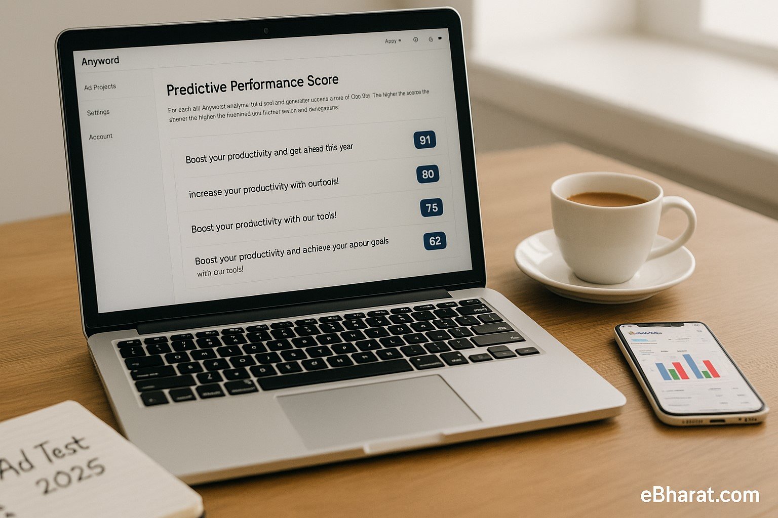 Laptop screen showing Anyword dashboard with Predictive Performance Score bars, alongside a diary labeled “Ad Test 2025,” a smartphone open to Google Ads, and a cup of chai on a desk.