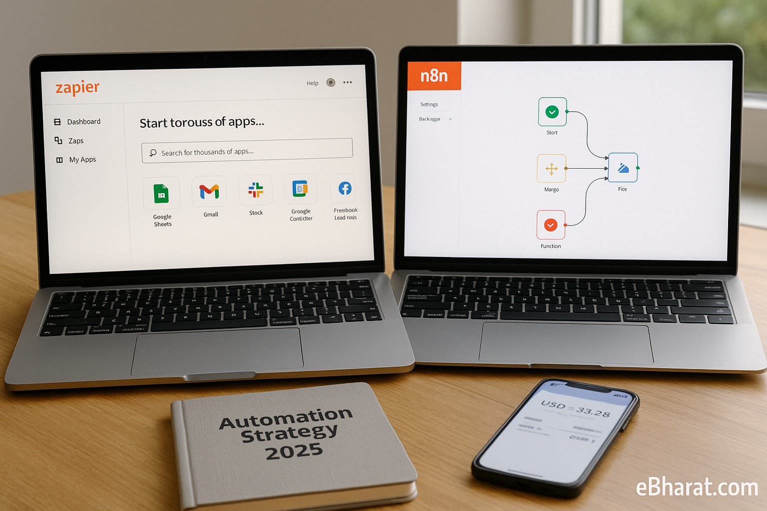 Two laptops side by side on a wooden desk. The left laptop displays Zapier’s integration dashboard with app icons, while the right laptop shows n8n’s workflow editor with branching logic. A diary labeled “Automation Strategy 2025” and a smartphone screen showing USD vs INR conversion are placed on the desk. Watermark “eBharat.com” appears at the bottom right.