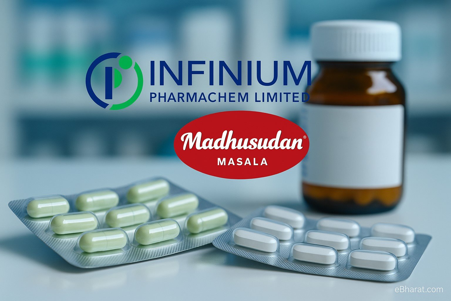 “Beaker with chemical solution and spice jars placed on a financial newspaper, symbolizing Infinium Pharmachem and Madhusudan Masala gains on NSE SME Market.”