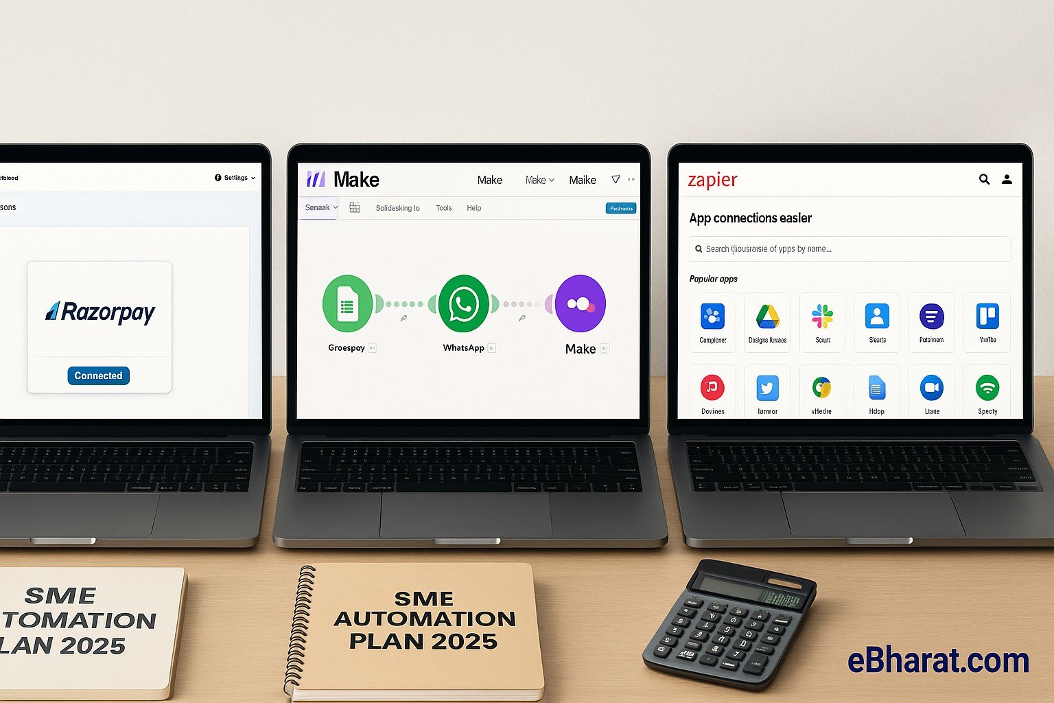 Three laptops on a wooden desk showing automation tools for SMEs. Left laptop displays Pabbly dashboard with Razorpay integration, middle laptop shows Make’s visual workflow builder connecting Google Sheets and WhatsApp, and right laptop presents Zapier’s app connections screen. Below, two diaries labeled “SME Automation Plan 2025” and a calculator showing INR costs are placed. Watermark “eBharat.com” appears at the bottom right.
