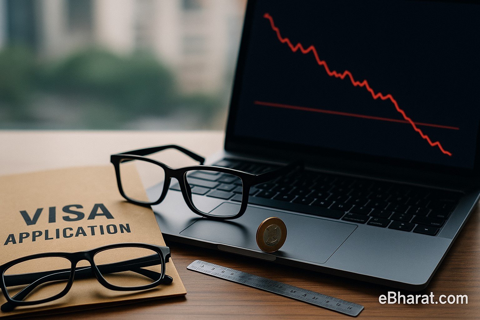 “Laptop with red market chart beside a visa folder and glasses, indicating IT pressure from H-1B worries.”