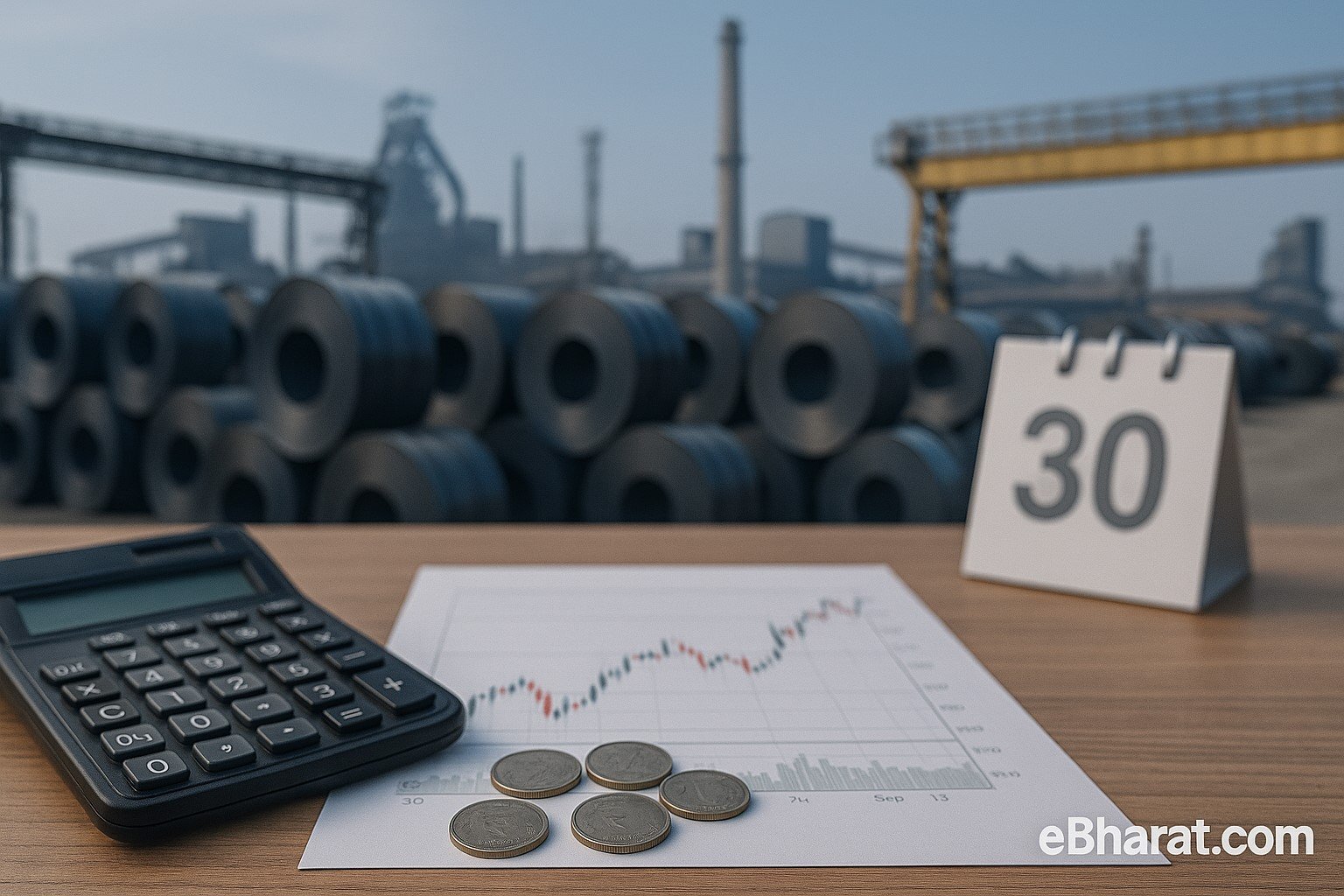 “Steel plant with coiled steel sheets and financial desk items symbolizing JSW Steel’s upcoming Q2 results and investor watchpoints.”
