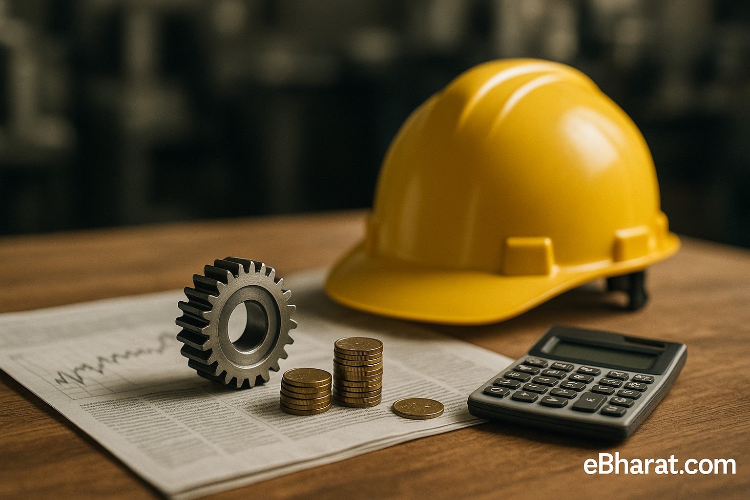 : Industrial helmet and gear with financial charts, symbolizing Eimco Elecon’s stock move