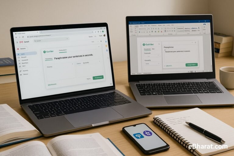 Laptop showing QuillBot Chrome extension on Gmail and Word add-in side by side, with Indian study desk setup.