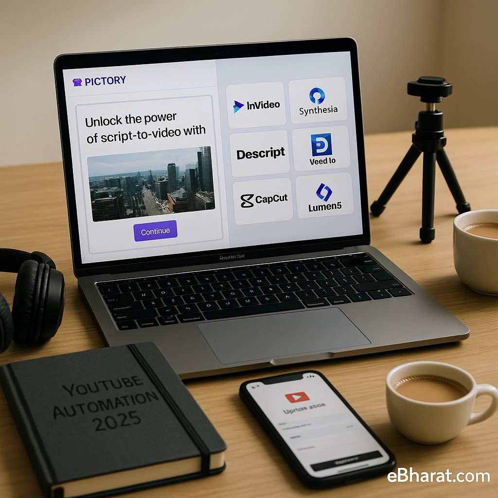 Laptop showing Pictory editor and logos of InVideo, Synthesia, Descript, Veed.io, CapCut, Lumen5, and Adobe Express, diary YouTube Automation 2025, YouTube upload phone, and chai on desk.