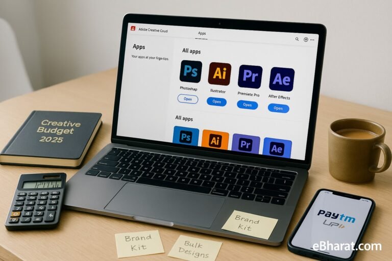 Laptop showing Adobe Creative Cloud dashboard with apps, diary Creative Budget 2025, calculator, UPI smartphone, and chai on desk.