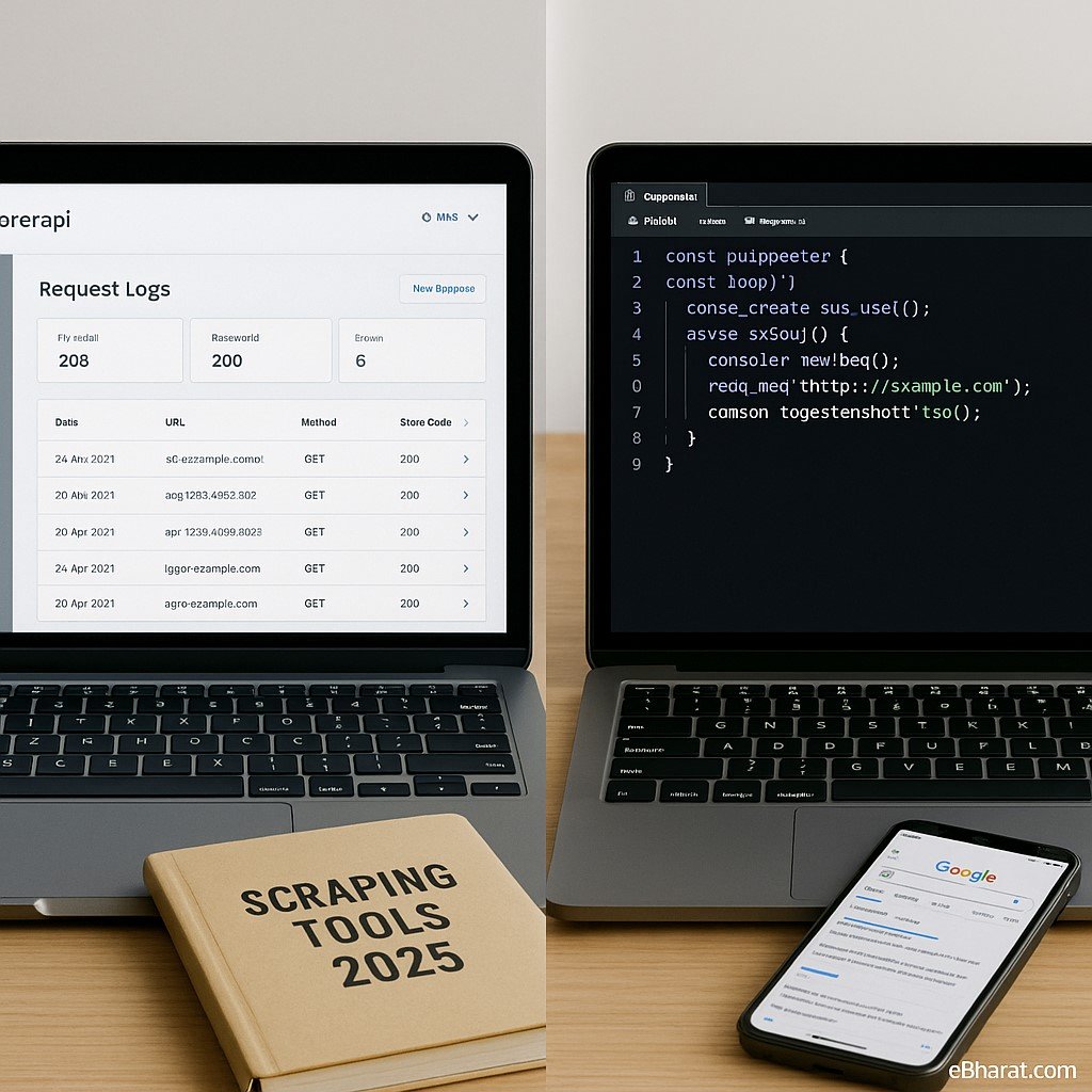 Two laptops side by side on a wooden desk showing ScraperAPI dashboard with request logs and Puppeteer code editor running a headless browser script, with a diary titled “Scraping Tools 2025” and a smartphone displaying a Google SERP check.