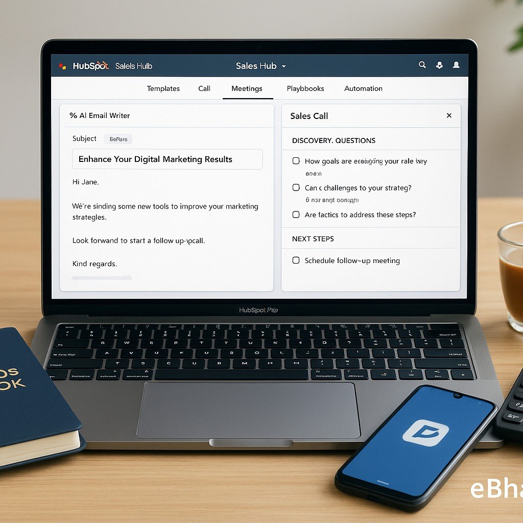 Laptop with HubSpot Sales Hub showing AI sales email draft and playbook checklist, with Indian SME desk setup and UPI smartphone.