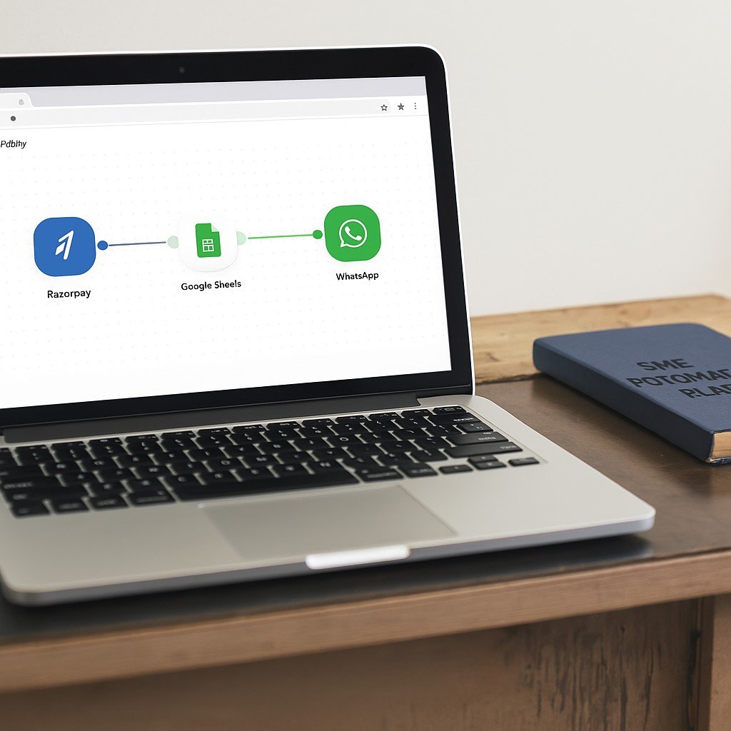 : Laptop on a wooden desk showing an automation workflow connecting Razorpay → Google Sheets → WhatsApp in Pabbly/Make. Beside the laptop is a diary titled “SME Automation Plan 2025” and a smartphone with Razorpay payment success and WhatsApp message notifications. Watermark “eBharat.com” at the bottom right.
