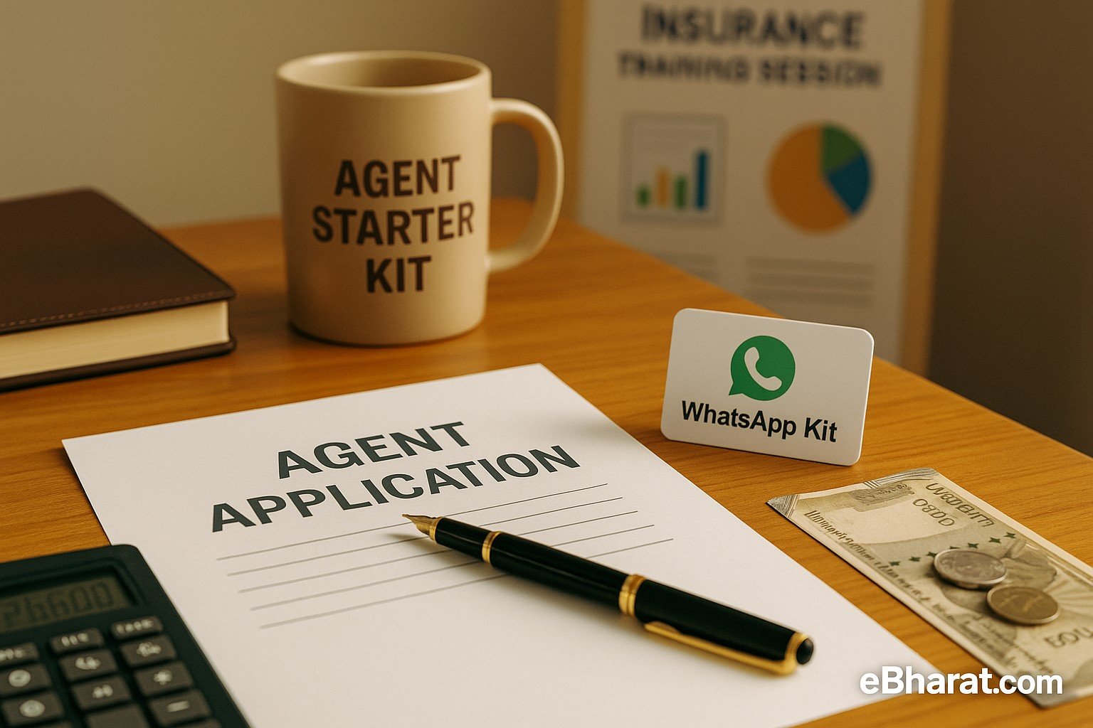 “Insurance agent application form, pen, WhatsApp kit card and diary on desk symbolizing HDFC Life agent journey.”