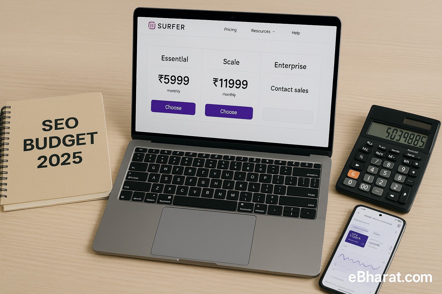 A laptop displaying Surfer’s pricing page with Essential, Scale, and Enterprise plans. On the desk are a diary labeled “SEO Budget 2025,” a calculator showing INR values, and a smartphone open to Google Search Console, symbolizing SEO cost planning in India.
