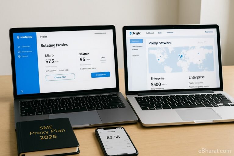 Two laptops side by side on a wooden desk showing Smartproxy rotating proxies pricing and Bright Data enterprise proxy network with global map, alongside a diary titled “SME Proxy Plan 2025” and a smartphone displaying INR/USD conversion.