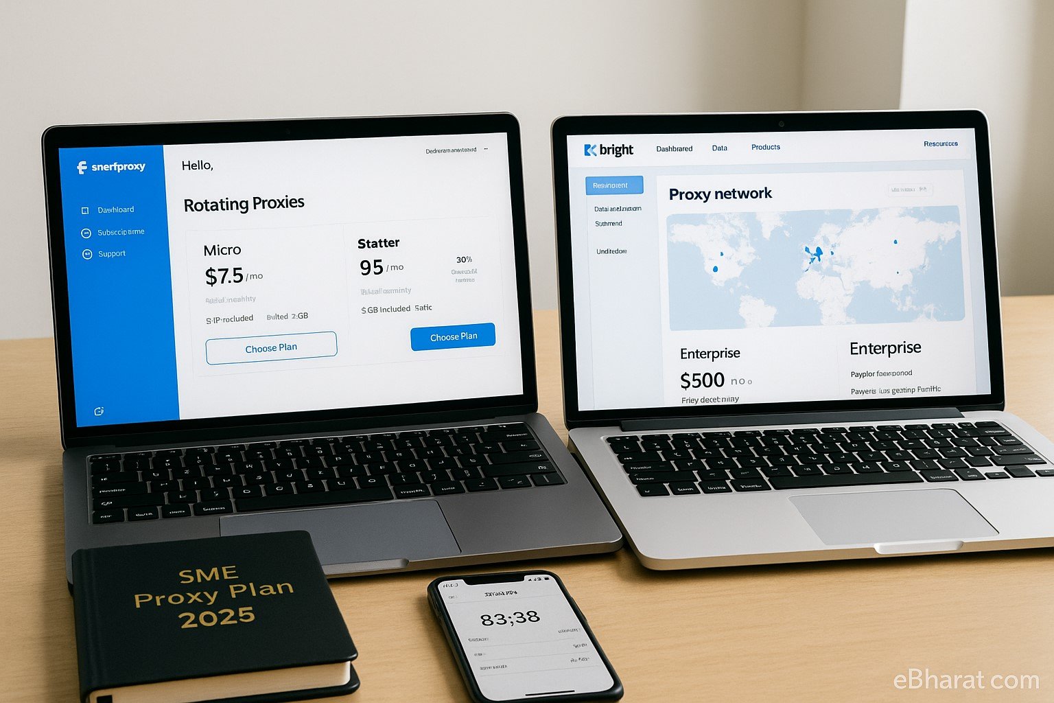 Two laptops side by side on a wooden desk showing Smartproxy rotating proxies pricing and Bright Data enterprise proxy network with global map, alongside a diary titled “SME Proxy Plan 2025” and a smartphone displaying INR/USD conversion.